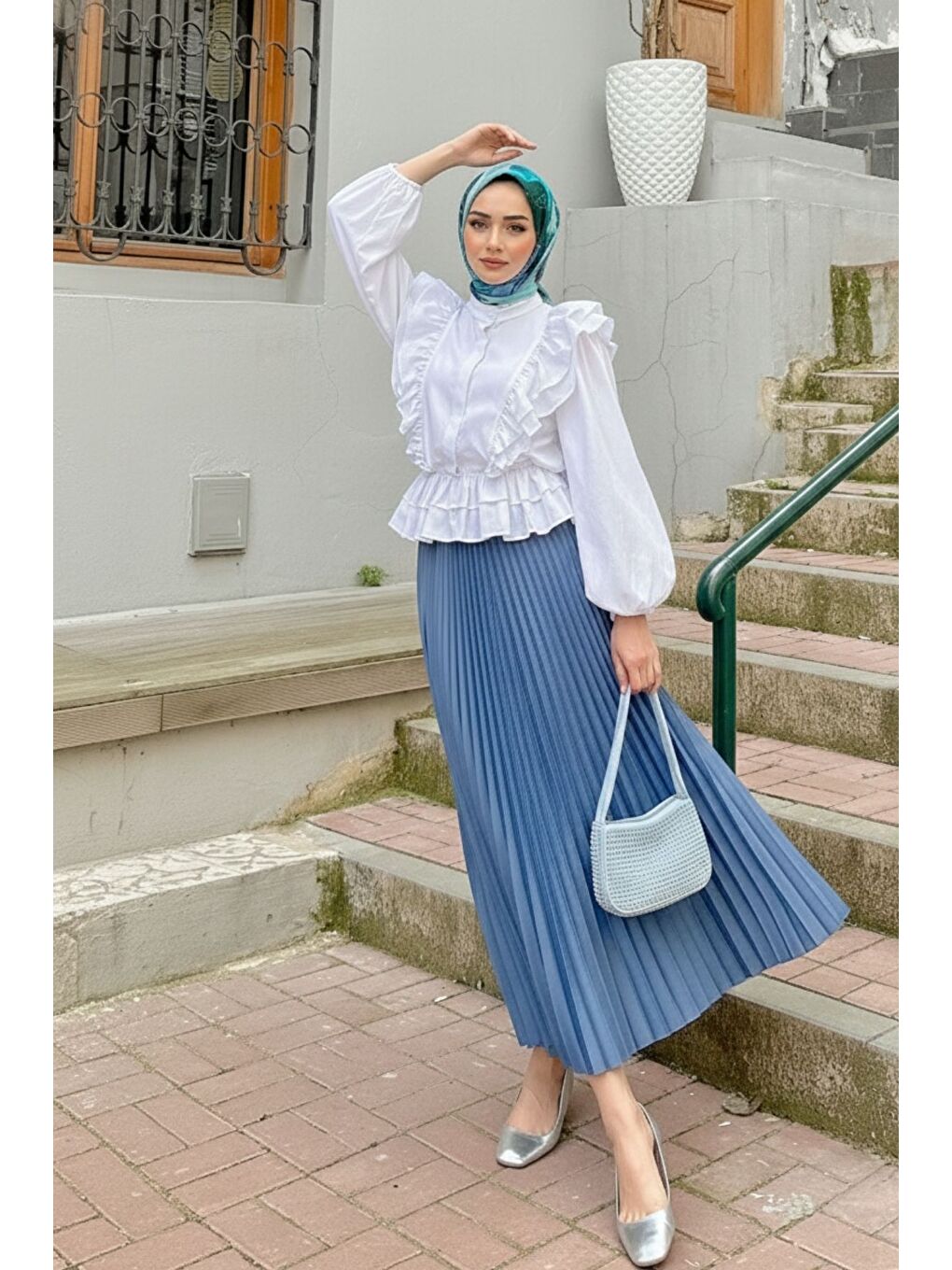 İndigo Kadın Piliseli Uzun Etek Mavi-2