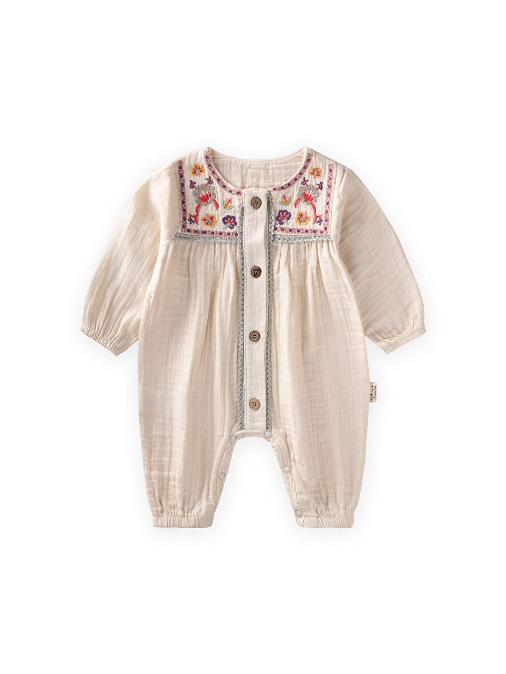 Ekru Müslin Nakışlı Tulum 0-3 Yaş Naturel