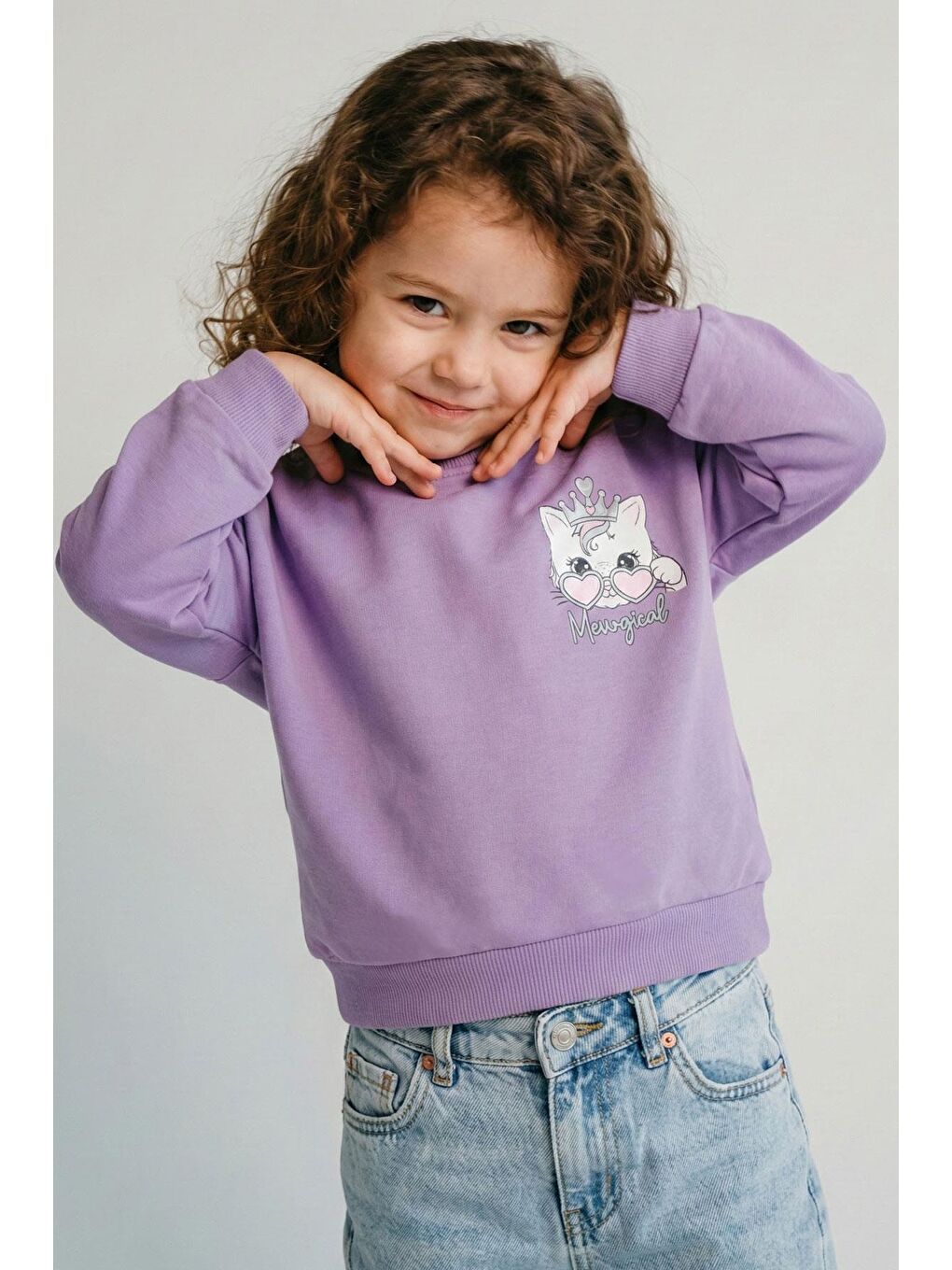 Kız Çocuk Sweatshirt Minik Taçlı Kedi Prenses Baskılı Sırt Baskı Detaylı Lila (1.5-5 Yaş)