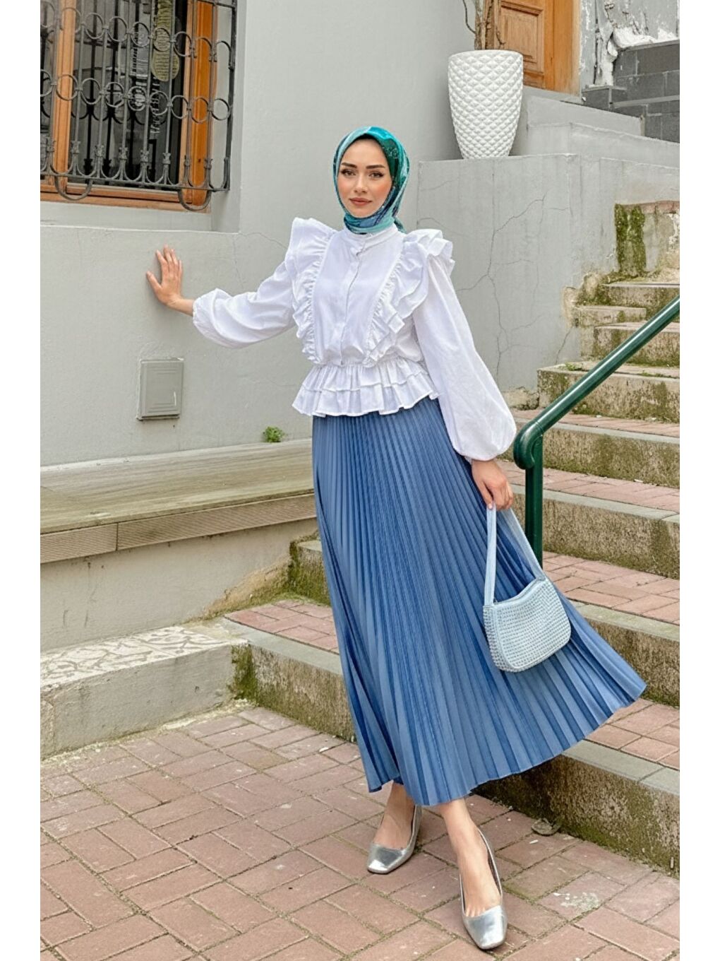 İndigo Kadın Piliseli Uzun Etek Mavi-3