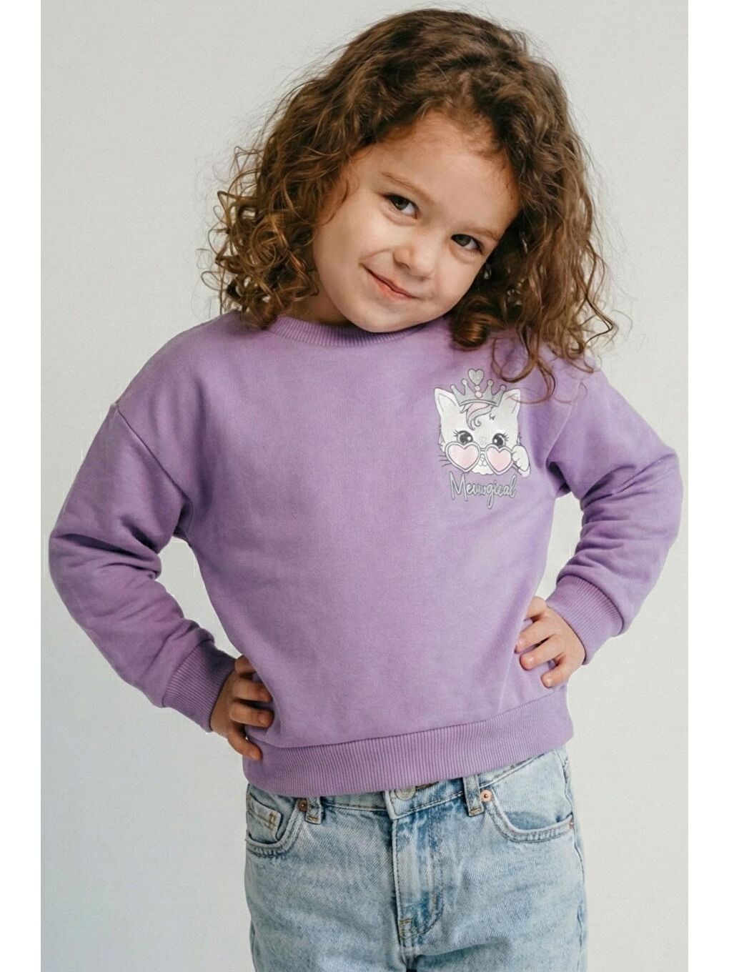 Kız Çocuk Sweatshirt Minik Taçlı Kedi Prenses Baskılı Sırt Baskı Detaylı Lila (1.5-5 Yaş)-1