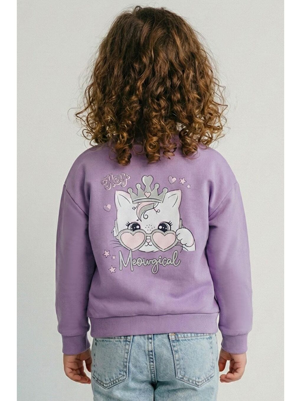 Kız Çocuk Sweatshirt Minik Taçlı Kedi Prenses Baskılı Sırt Baskı Detaylı Lila (1.5-5 Yaş)-2
