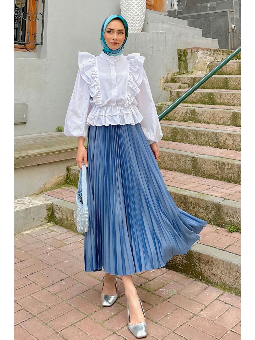 İndigo Kadın Piliseli Uzun Etek Mavi-5