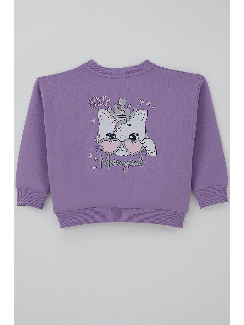 Kız Çocuk Sweatshirt Minik Taçlı Kedi Prenses Baskılı Sırt Baskı Detaylı Lila (1.5-5 Yaş)-4