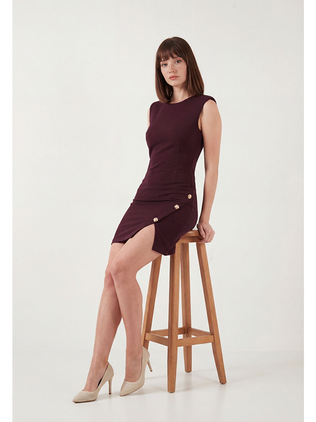 Bordo Bisiklet Yaka Mini Yırtmaç Detaylı Elbise 6525717-2