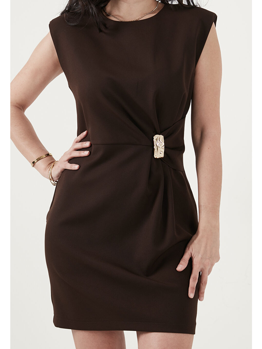 Kahverengi Bisiklet Yaka Kolsuz Mini Elbise 6525719-4