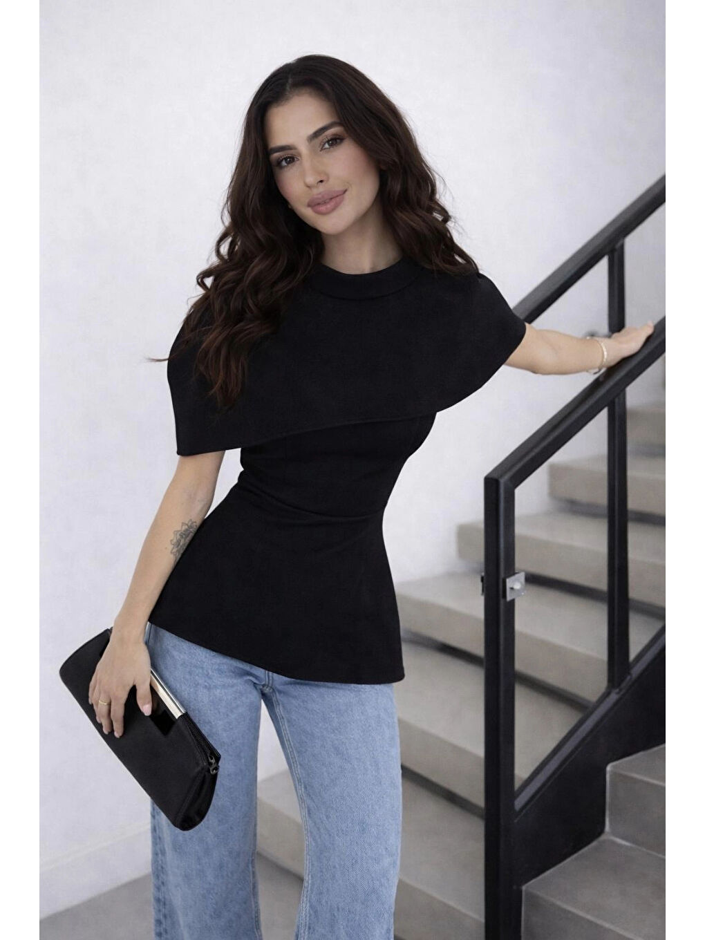 Kadın Siyah Pelerin Detay İki Parça Bluz 0331