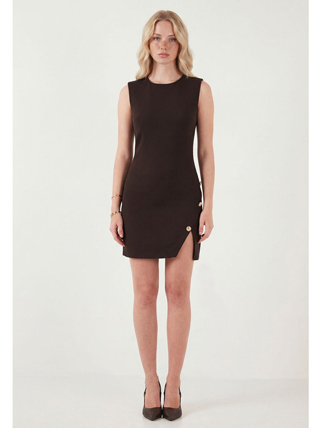 Kahverengi Bisiklet Yaka Mini Yırtmaç Detaylı Elbise 6525717-1