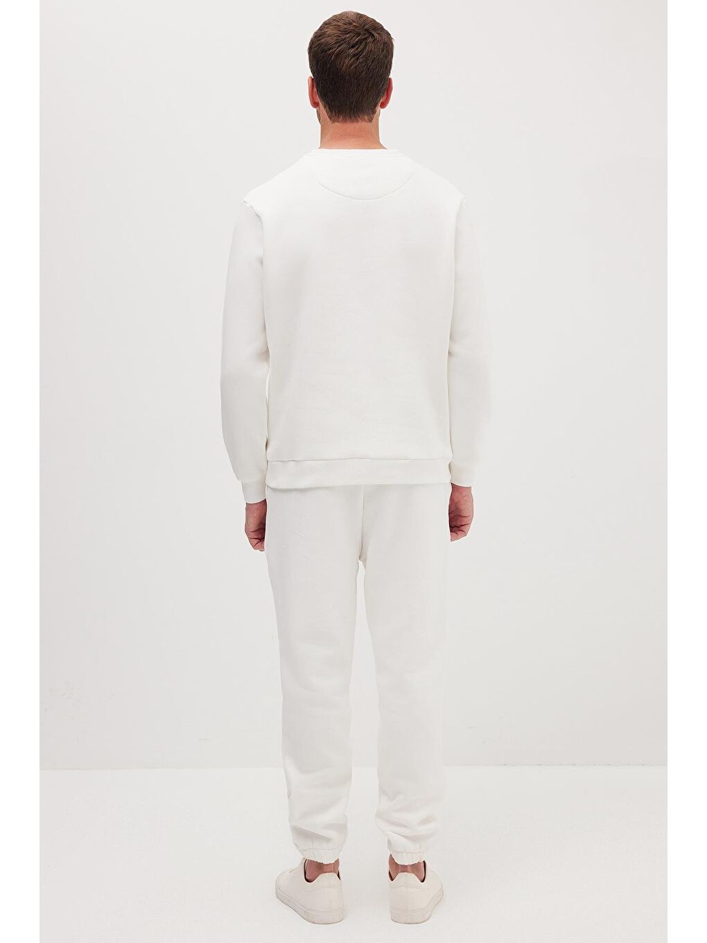 Erkek Relax Fit Pamuklu 3 İplik Yumuşak Dokulu İçi Polarlı Bisiklet Yaka Beyaz Eşofman Takımı-6