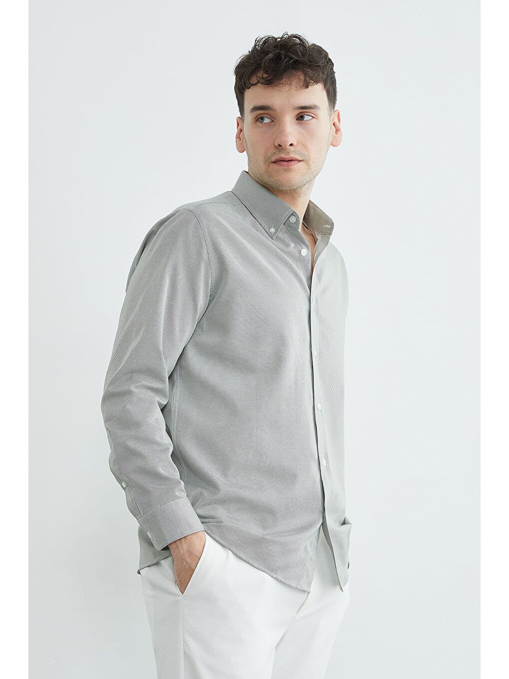 Haki Çizgili Düğmeli Uzun Kol Gömlek-1