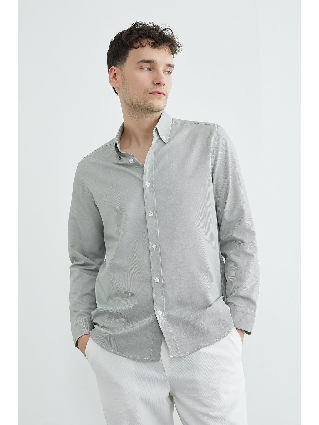 Haki Çizgili Düğmeli Uzun Kol Gömlek-2