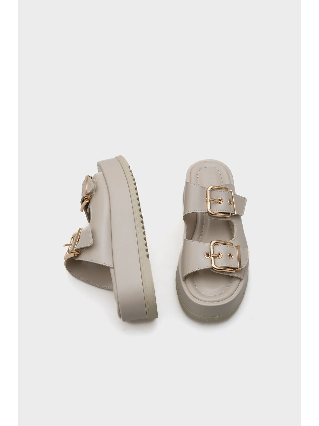 Bej Marley Çift Tokalı Dolgu Topuklu Kadın Terlik-4