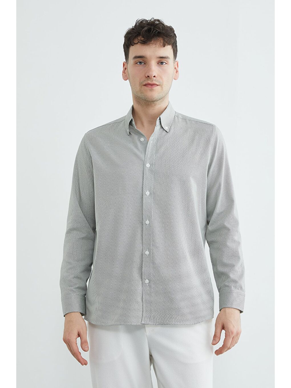 Haki Çizgili Düğmeli Uzun Kol Gömlek-3