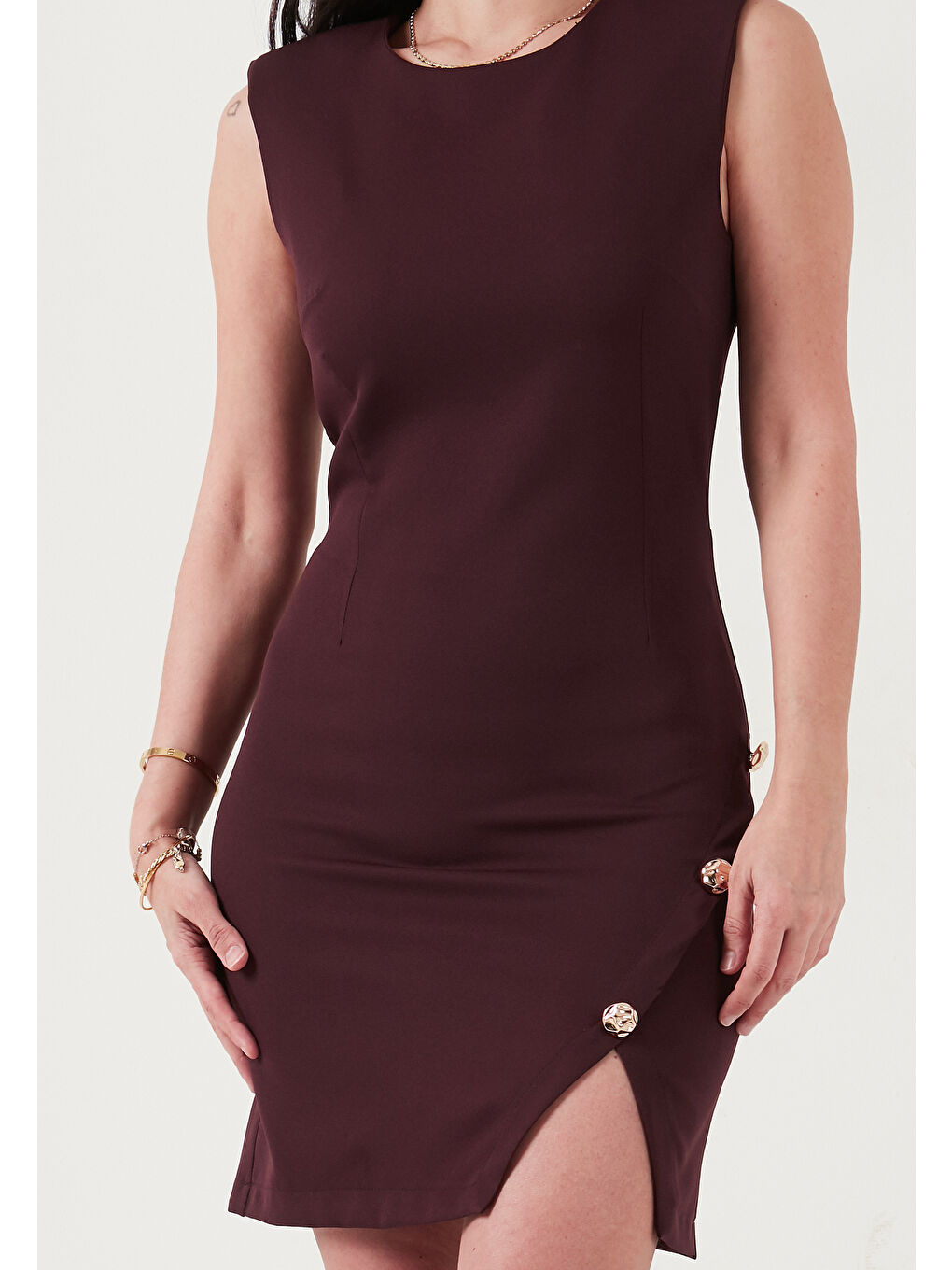 Bordo Bisiklet Yaka Mini Yırtmaç Detaylı Elbise 6525717-3