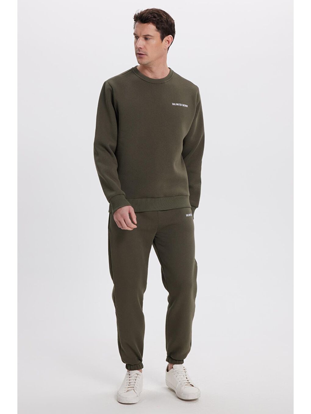 Erkek Relax Fit Pamuklu 3 İplik Yumuşak Dokulu İçi Polarlı Bisiklet Yaka Haki Eşofman Takımı-3