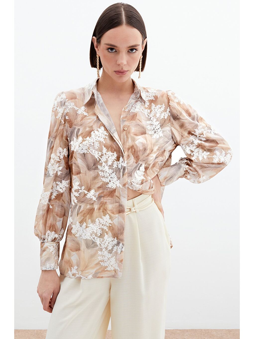 Bej Nakışlı Balon Kol Gömlek - Vizon