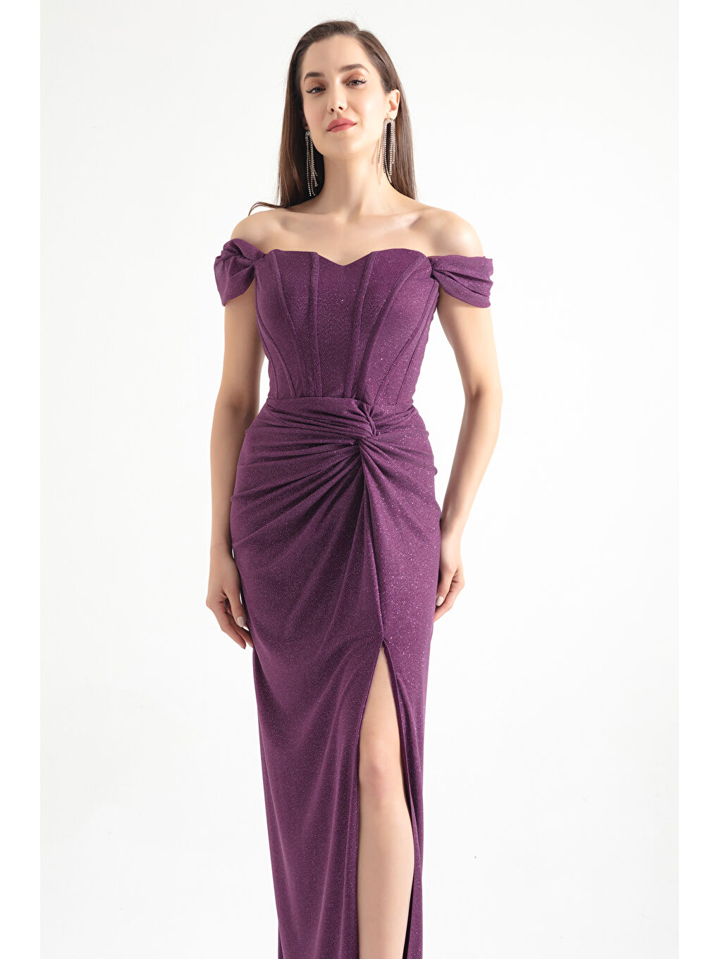 Kadın Mürdüm Kruvaze Astarlı Korse Detaylı Uzun Simli Abiye-2