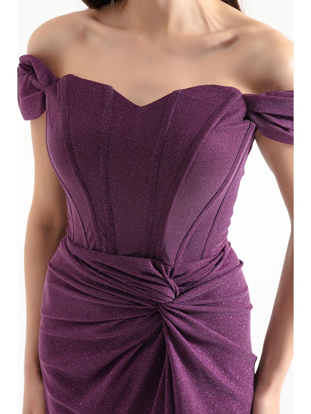 Kadın Mürdüm Kruvaze Astarlı Korse Detaylı Uzun Simli Abiye-3