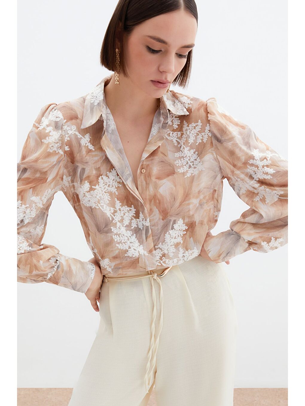 Bej Nakışlı Balon Kol Gömlek - Vizon-2