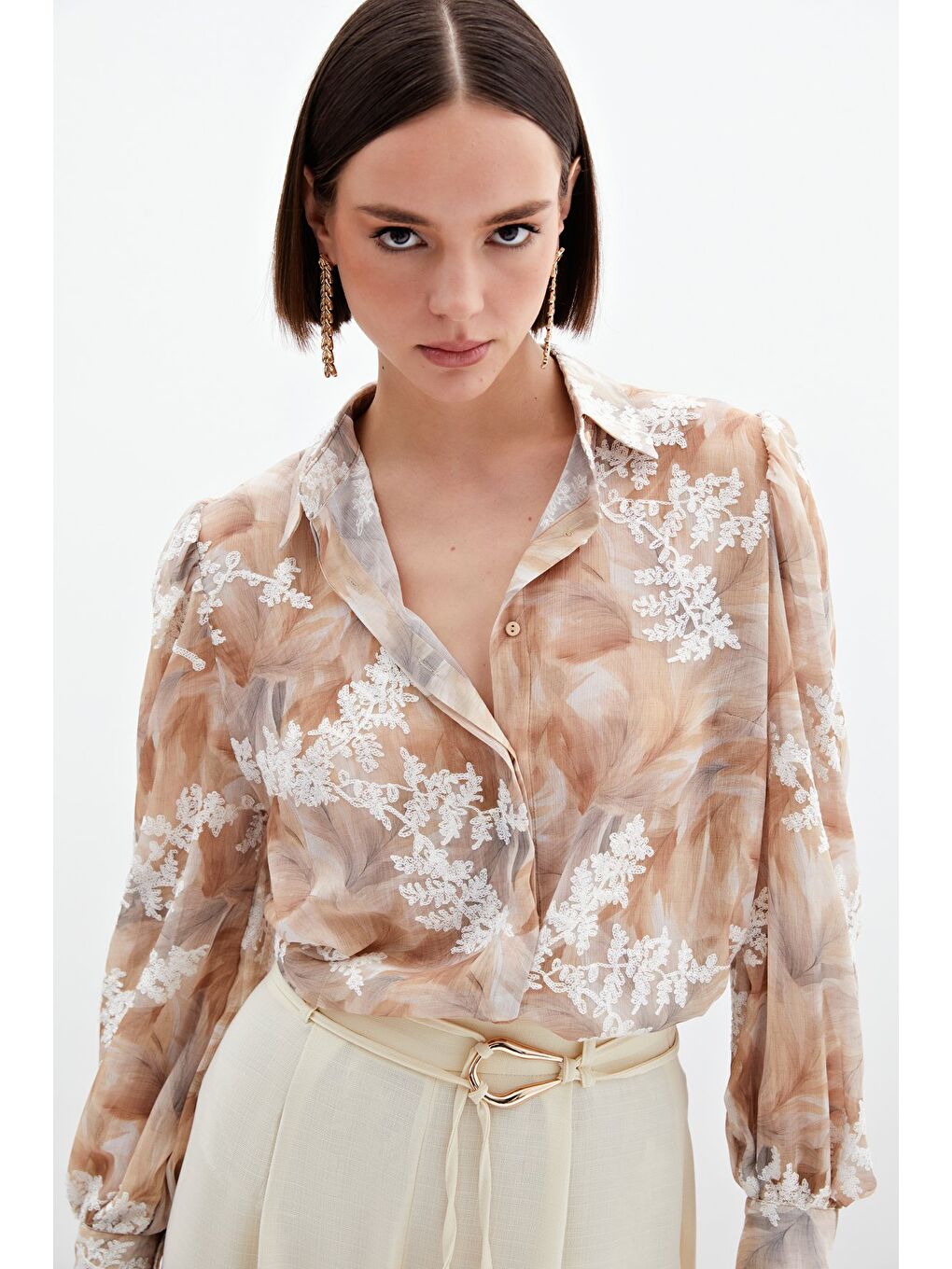 Bej Nakışlı Balon Kol Gömlek - Vizon-3