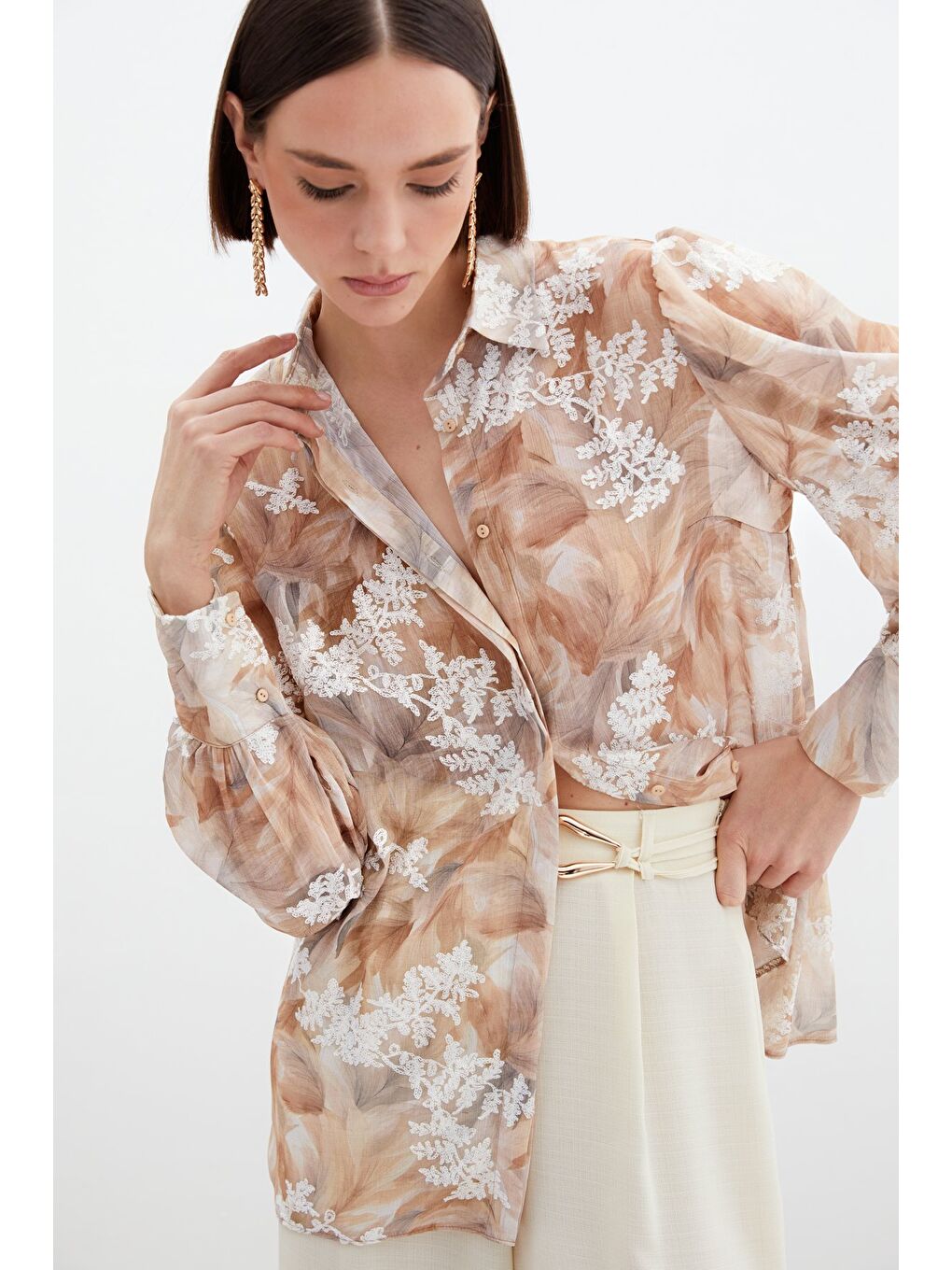 Bej Nakışlı Balon Kol Gömlek - Vizon-4