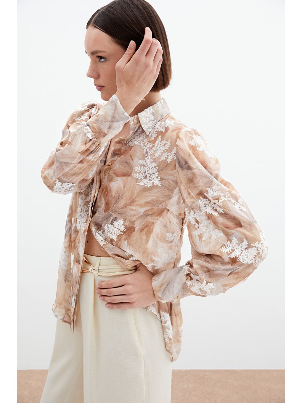 Bej Nakışlı Balon Kol Gömlek - Vizon-5