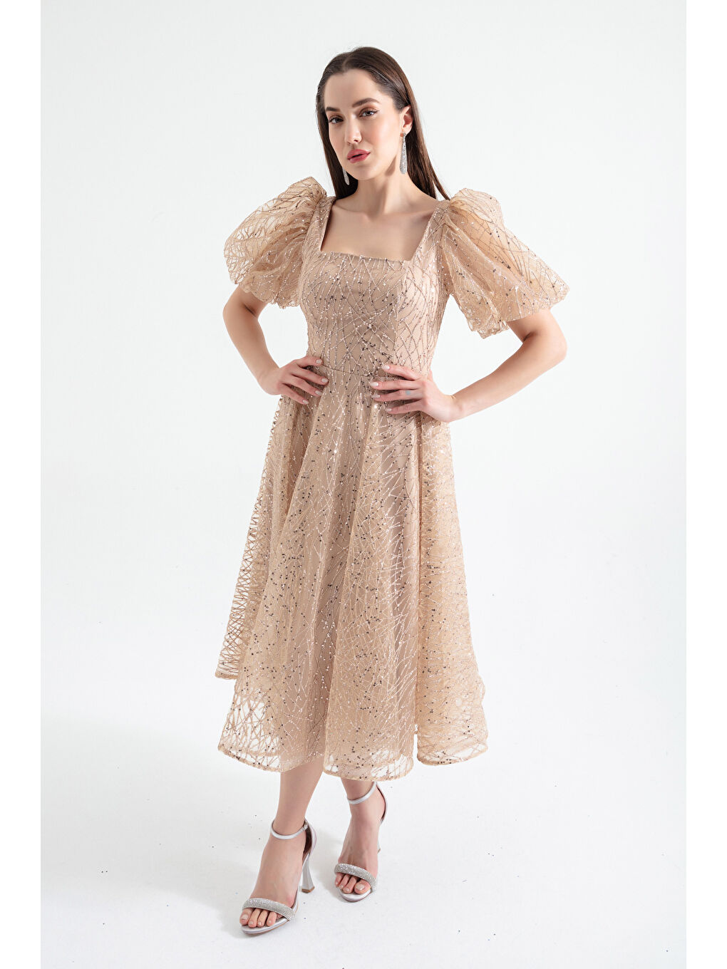 Sarı Kadın Gold Balon Kol Simli Midi Abiye