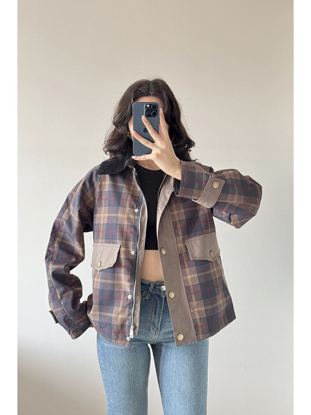 Kadın Lacivert Ekose Mont 240209-1