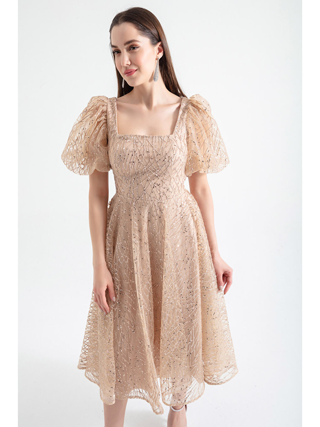 Sarı Kadın Gold Balon Kol Simli Midi Abiye-1