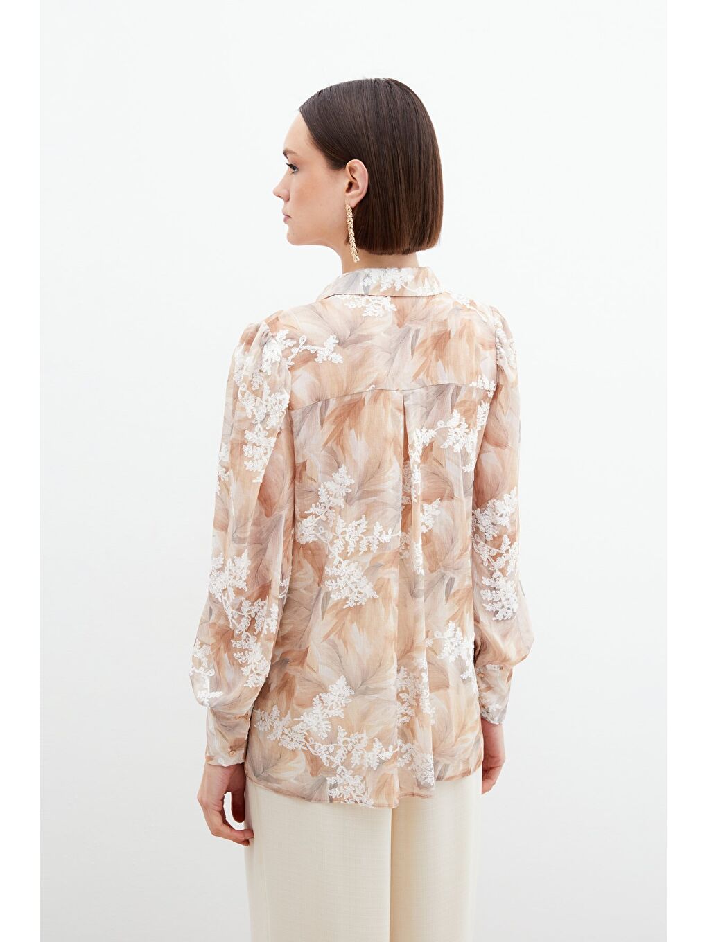 Bej Nakışlı Balon Kol Gömlek - Vizon-7