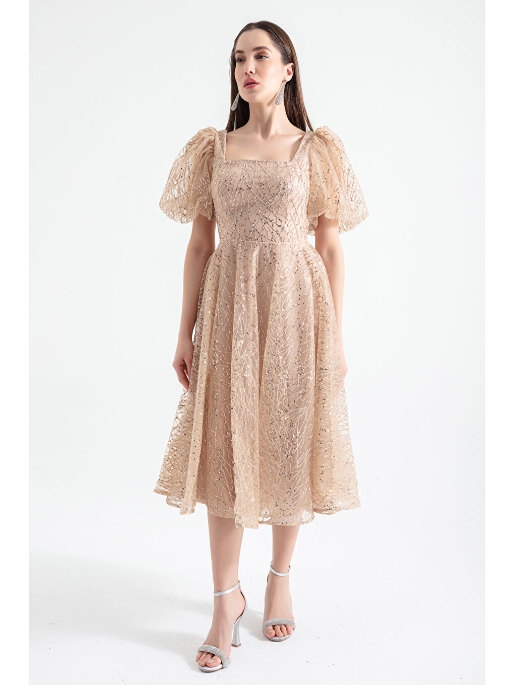 Sarı Kadın Gold Balon Kol Simli Midi Abiye-2