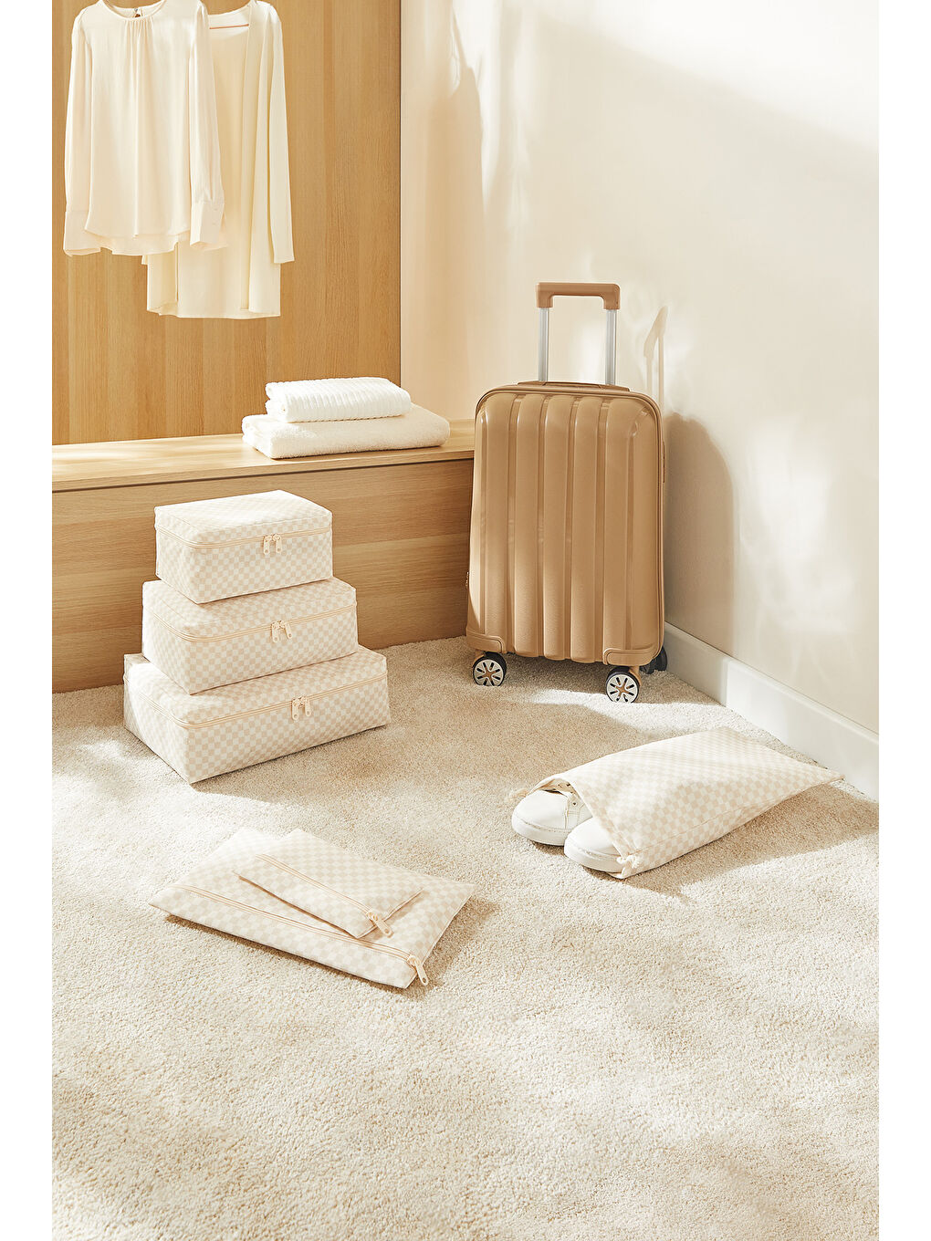 6'lı Yıkanabilir Bej Dama Desen Pamuklu Bavul İçi Düzenleyici Set