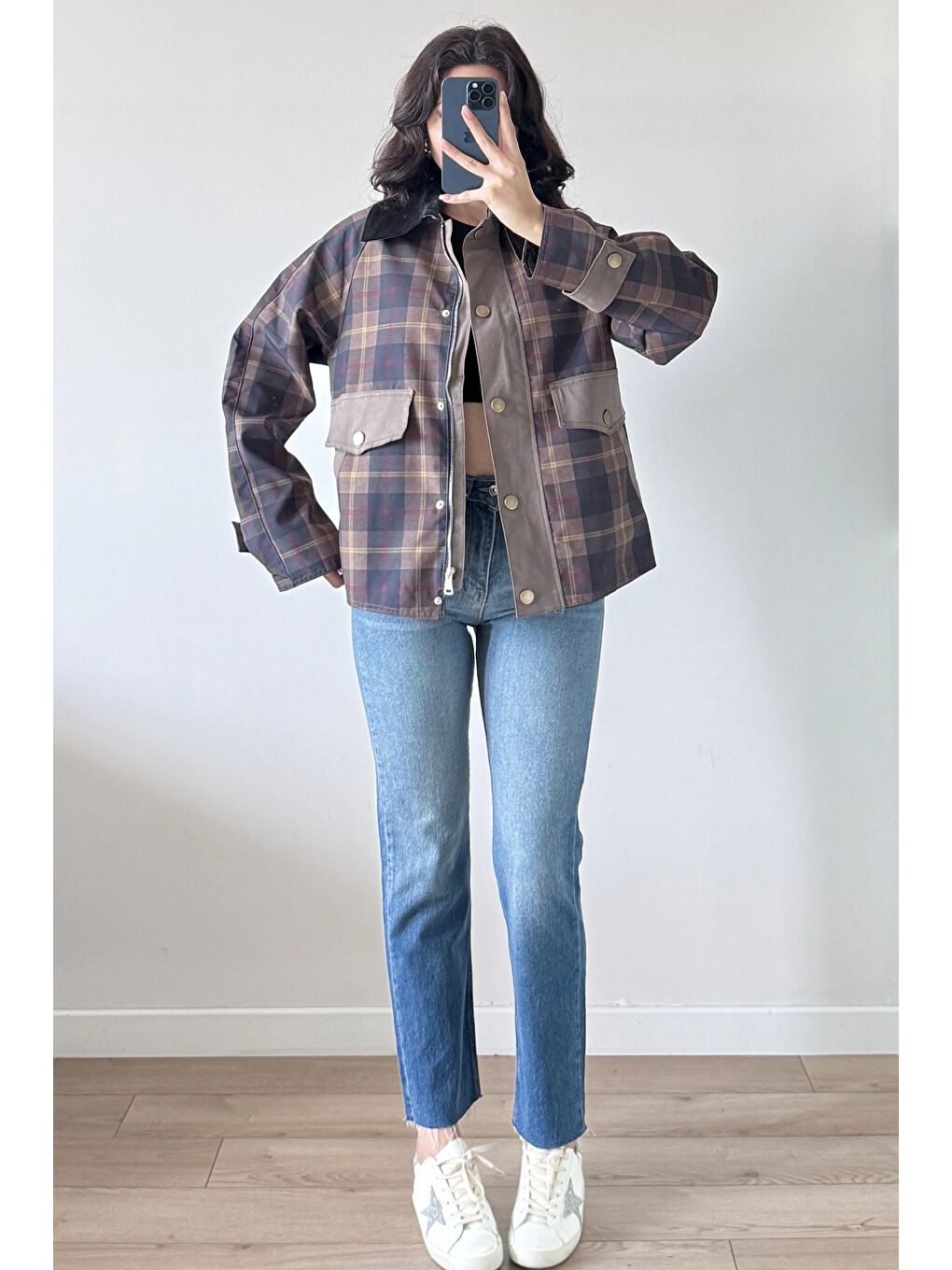 Kadın Lacivert Ekose Mont 240209-2