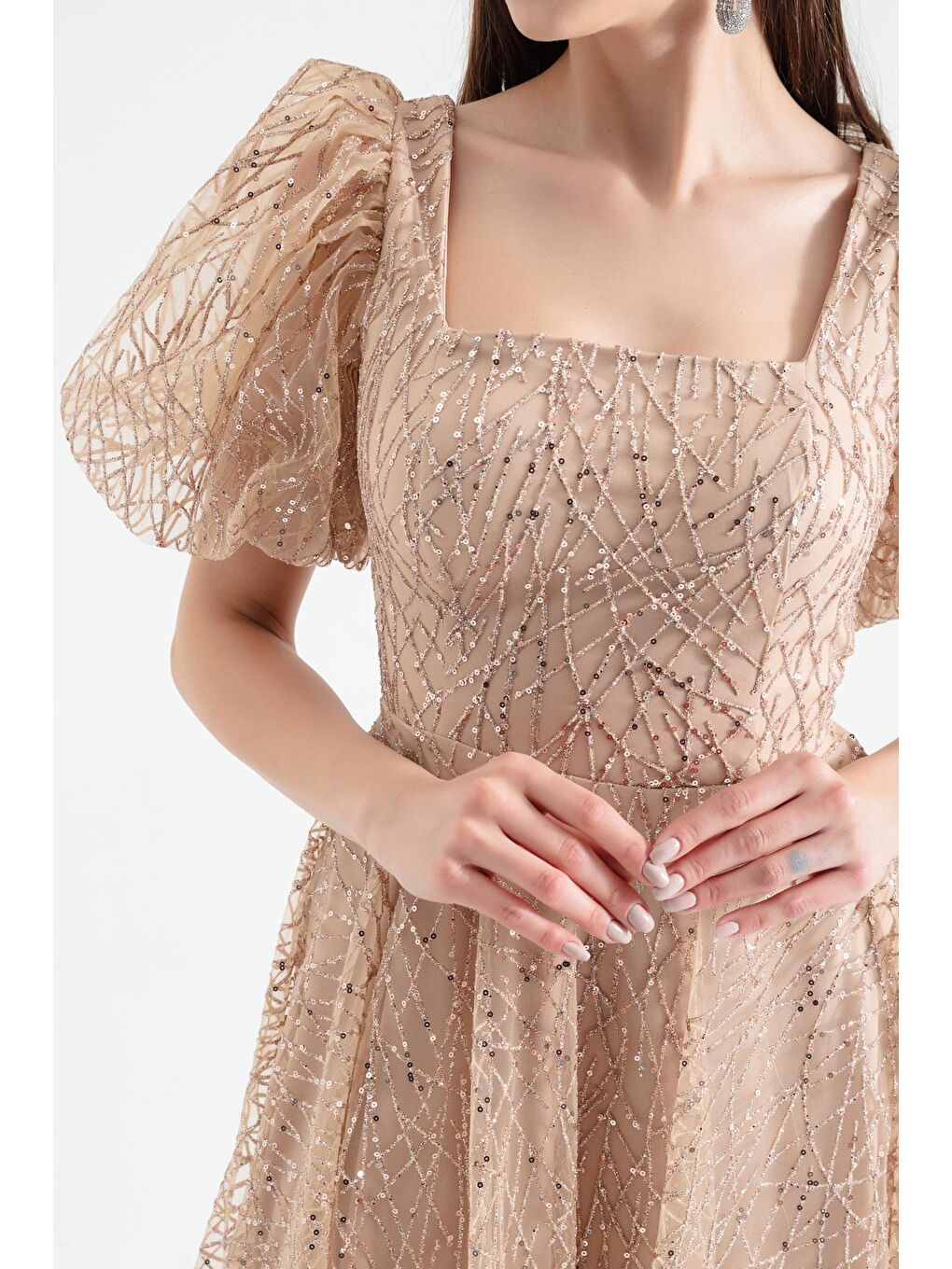 Sarı Kadın Gold Balon Kol Simli Midi Abiye-3