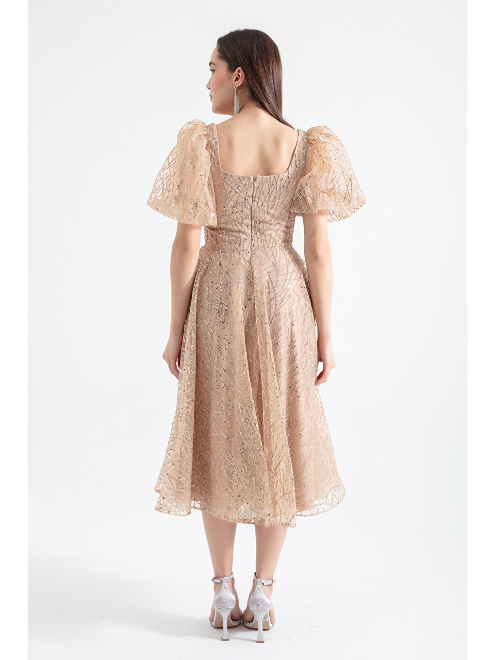 Sarı Kadın Gold Balon Kol Simli Midi Abiye-4