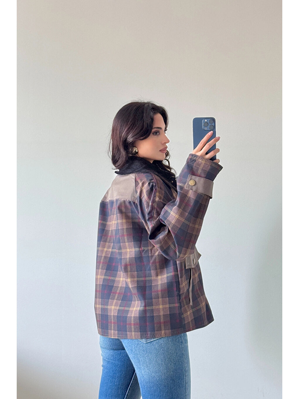 Kadın Lacivert Ekose Mont 240209-3