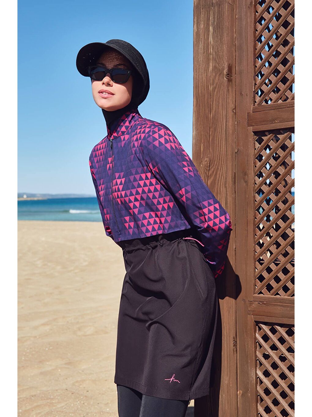 Esila Siyah Fuşya Jileli 5 Parça Tam Tesettür Mayo Takımı 2934-1