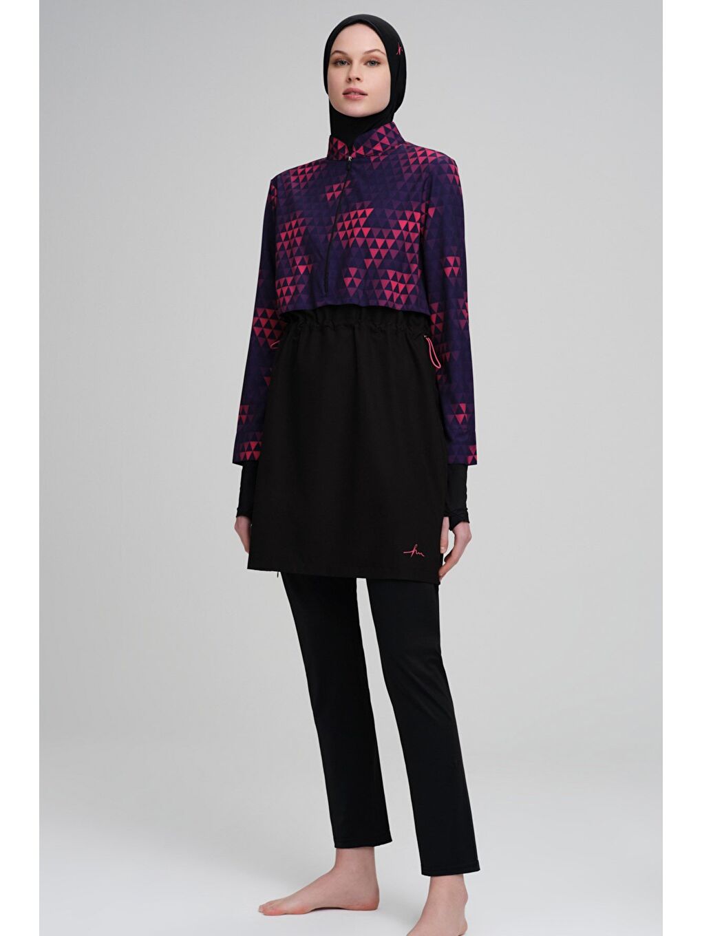 Esila Siyah Fuşya Jileli 5 Parça Tam Tesettür Mayo Takımı 2934-2
