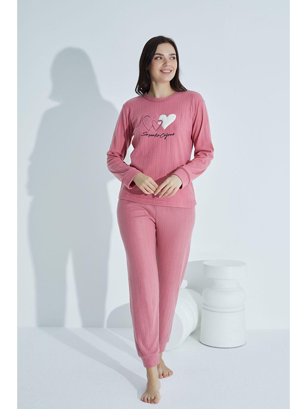 ELİTOL Pembe-Beyaz İnterlok Pijama Takim 4059 - 1