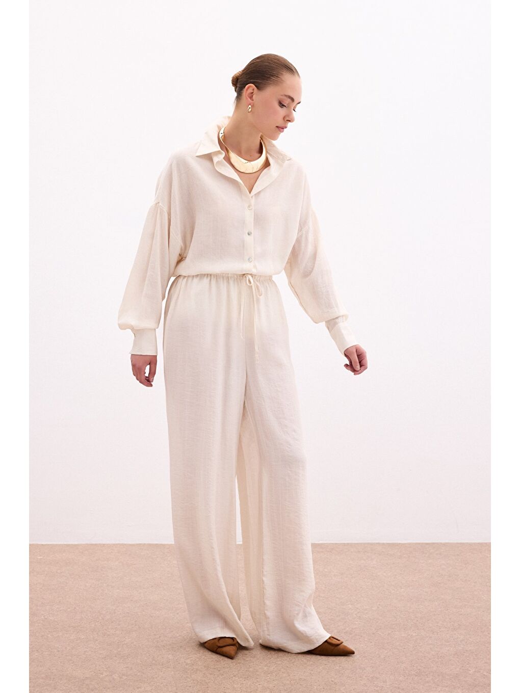 Bej Bel Lastikli Pantolon - Taş-1