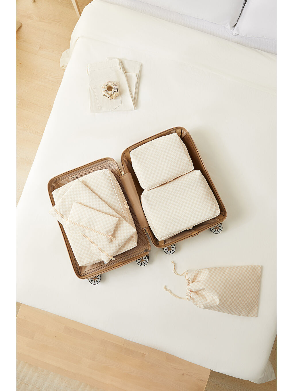 6'lı Yıkanabilir Bej Dama Desen Pamuklu Bavul İçi Düzenleyici Set-1