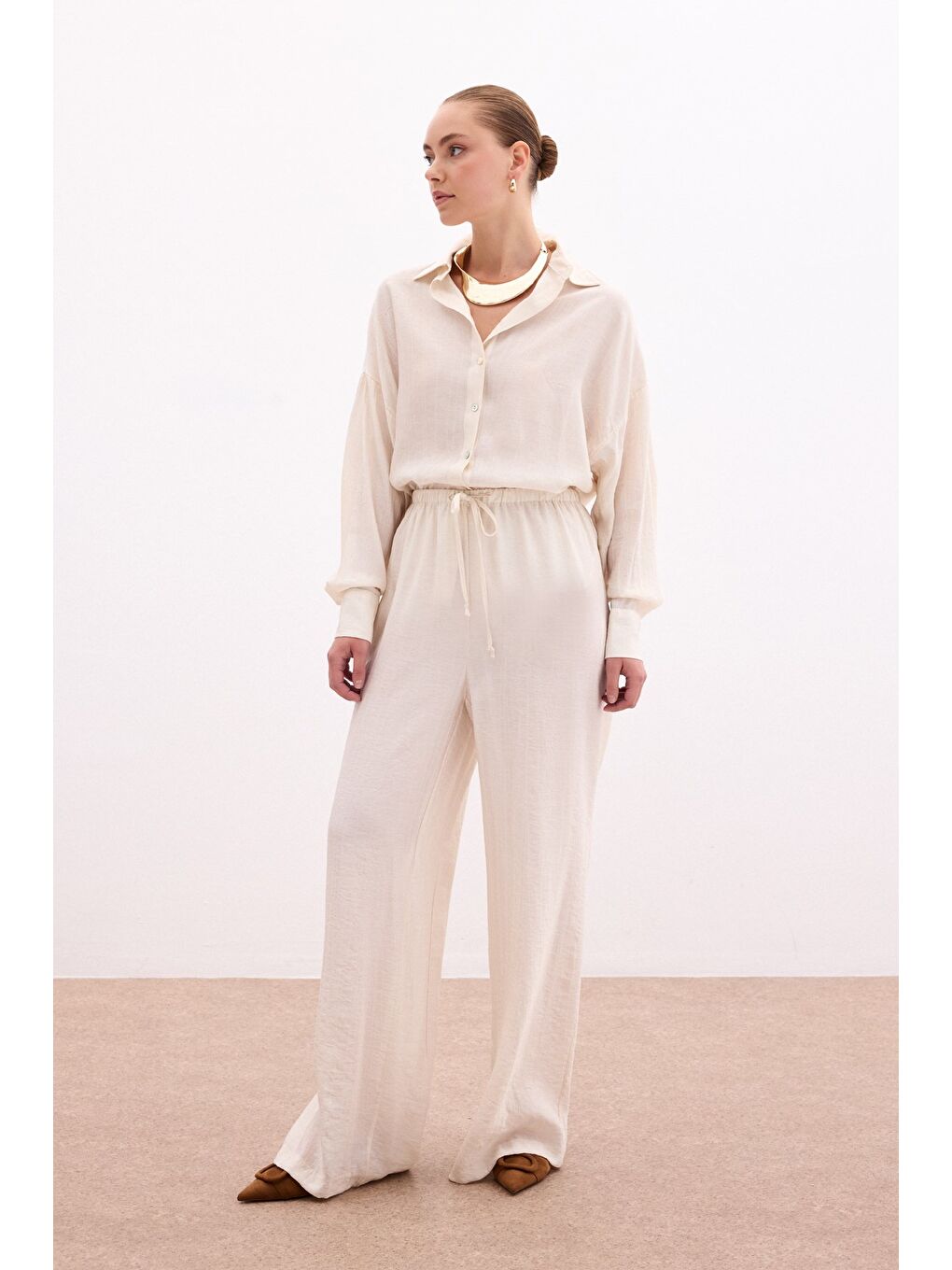 Bej Bel Lastikli Pantolon - Taş-2