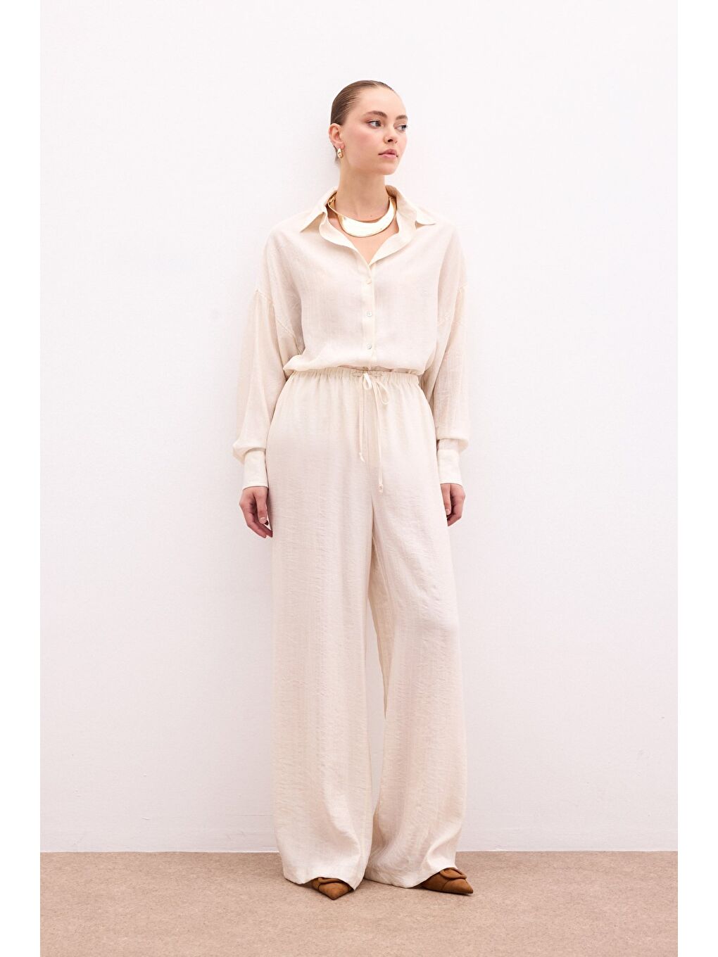 Bej Bel Lastikli Pantolon - Taş-3