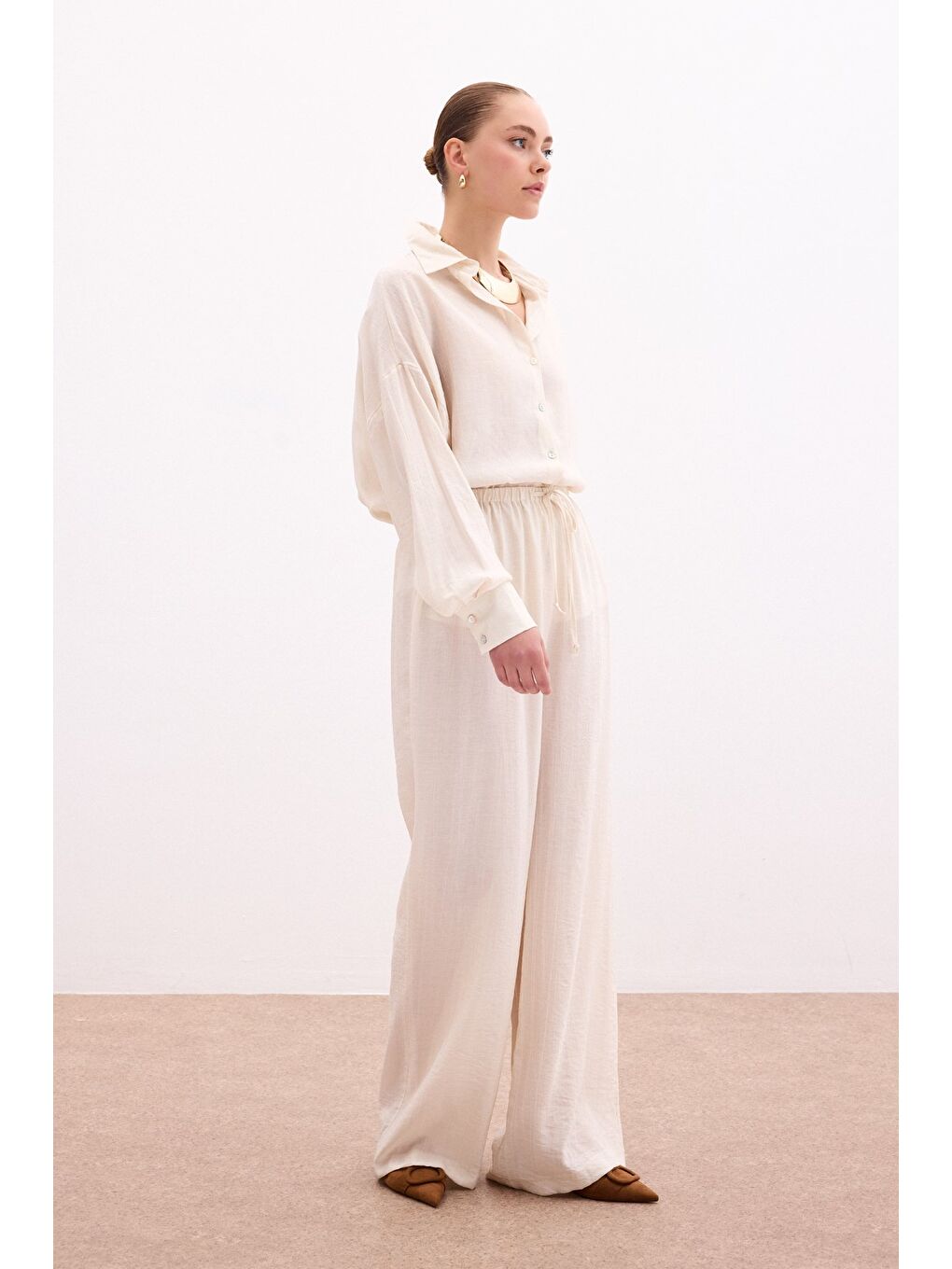 Bej Bel Lastikli Pantolon - Taş-4