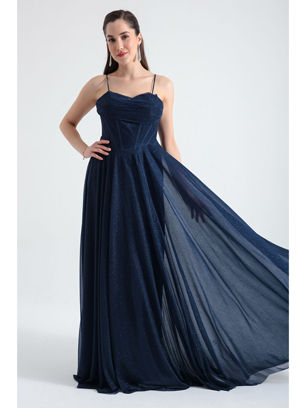 Kadın Lacivert Balen Korseli Simli Uzun Abiye Elbise