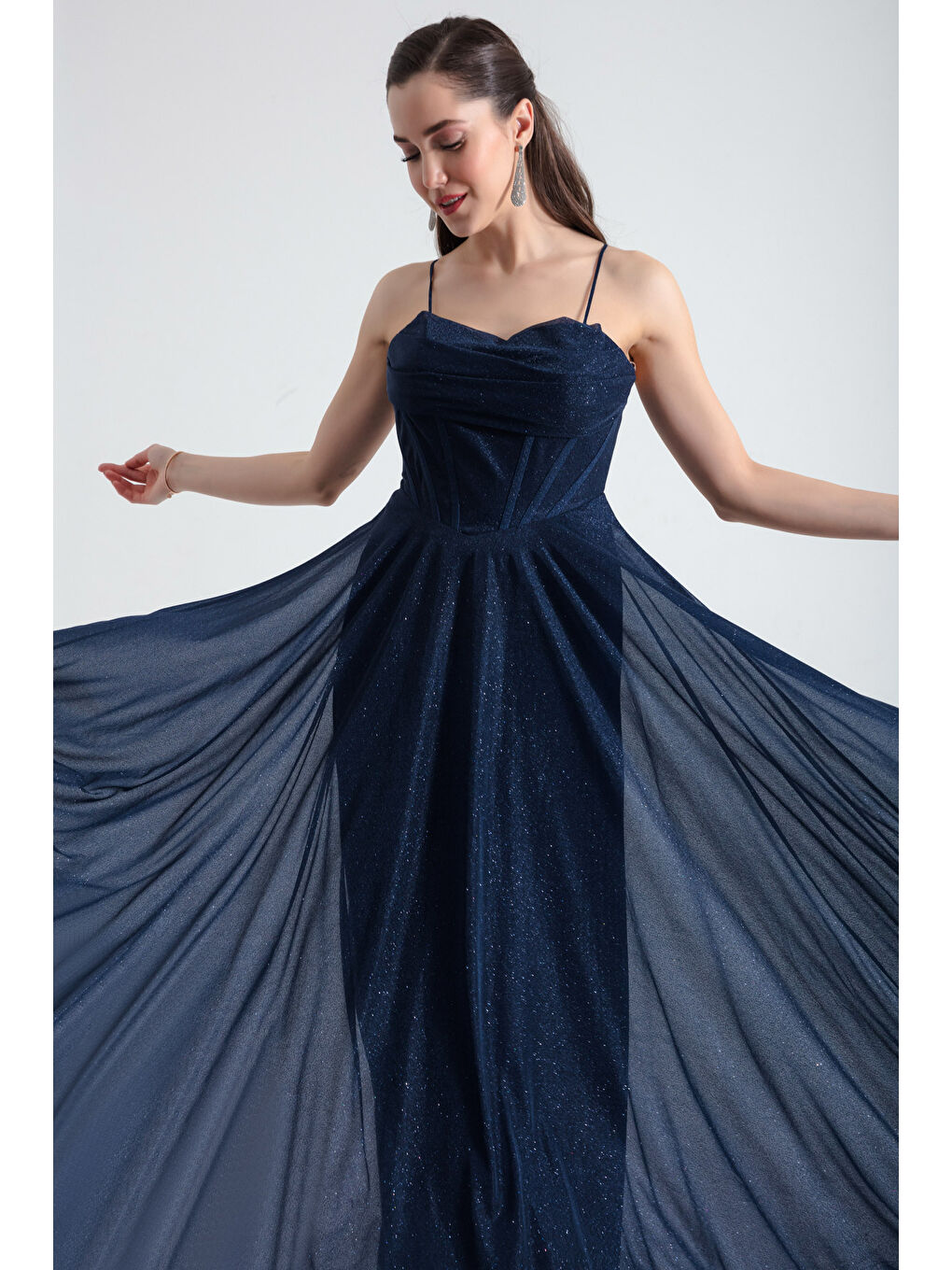 Kadın Lacivert Balen Korseli Simli Uzun Abiye Elbise-1