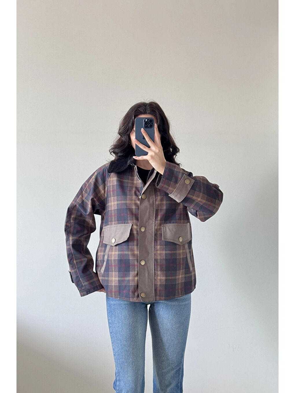 Kadın Lacivert Ekose Mont 240209-4