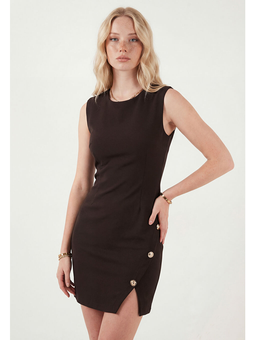 Kahverengi Bisiklet Yaka Mini Yırtmaç Detaylı Elbise 6525717-2