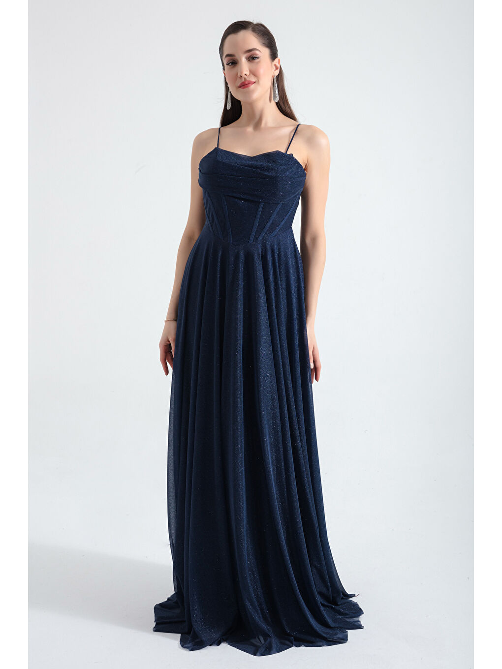 Kadın Lacivert Balen Korseli Simli Uzun Abiye Elbise-2