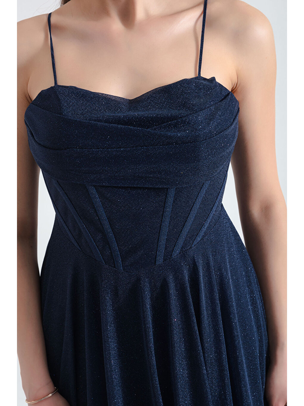 Kadın Lacivert Balen Korseli Simli Uzun Abiye Elbise-3